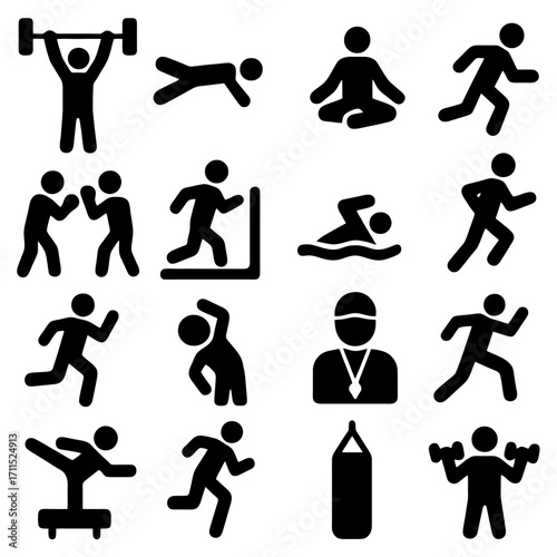 Iconic Fitness Suite: A compilation of 16 black silhouette icons, meticulously representing a variety of exercise disciplines. Ideal for fitness-related graphic design