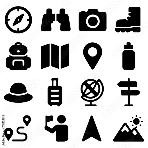 Essential Travel Icons: A set of fourteen distinct, minimalist black icons, perfectly representing the tools and symbols that embody the spirit of exploration and wanderlust.