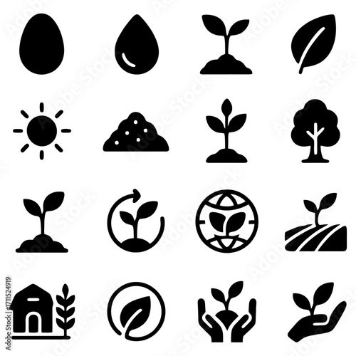 Life Cycle Icon: A collection of symbolic icon representing the cycle of growth, from a seed to flourishing plant, and the core elements involved in it, suggesting themes like farming.