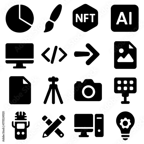 Black icon tools set: A collection of diverse and essential tools, depicted as clean black icons, represent digital creation, business, and technology concept in digital and print media. 