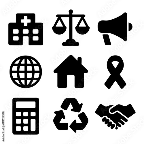 Universal Icons: A selection of universally recognizable icons, from healthcare and law to global representation and sustainability. 
