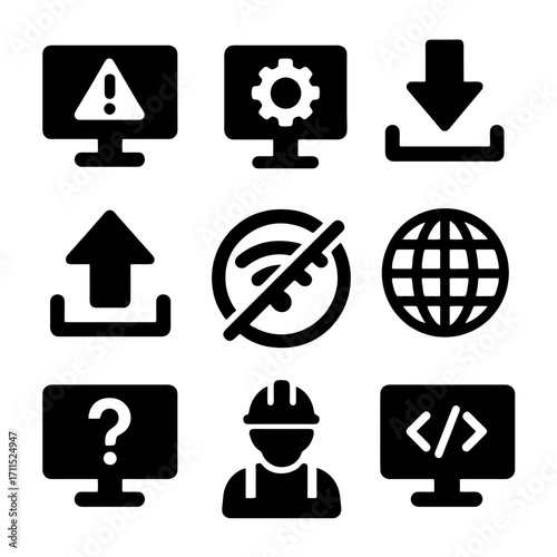 Digital Icons: A modern collection of computer-related symbols in a clear, easily identifiable style, suitable for web design and interface applications. 