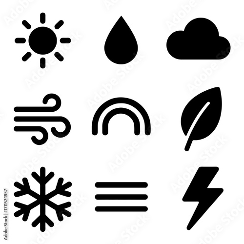 Weather Symbols: A comprehensive collection of iconic weather symbols, artfully designed to represent various atmospheric conditions and elements of nature, ideal for visual communication.
