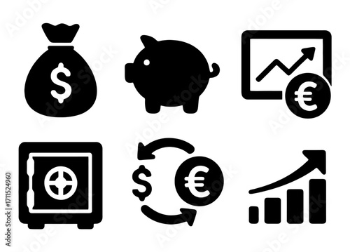 Financial Symbols: A collection of financial symbols and icons, each conveying the essence of finance, investment, and economic growth in simple but meaningful ways.