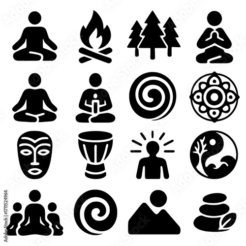 Meditative Icons: A collection of minimalist icons capturing the essence of meditation, spiritual practices, and mindfulness, including a serene silhouette of a figure in lotus position.