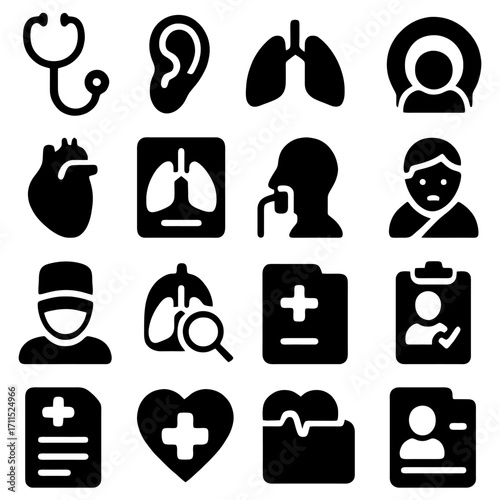 Healthcare Icons: A cohesive set of vector-based medical icons, precisely crafted for versatile applications, offering clear, concise visual representation across healthcare-related content. 