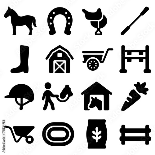 Equine Essentials: A collection of illustrated silhouettes embodies the essence of horsemanship, showcasing key elements such as horse, saddle, horseshoe, stable, and other related symbols.