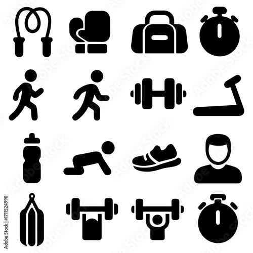 Sports and Fitness Equipment Icons: A visual collection of various sports and fitness equipment icons, meticulously crafted in a simple, bold style, representing various facets of health, athleticism.