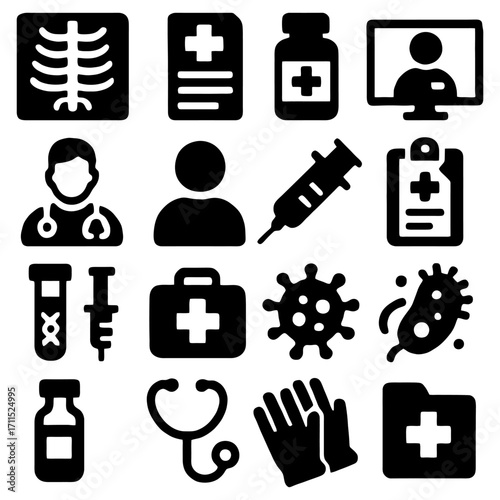 Healthcare Icon Set: A comprehensive collection of stylized healthcare icons representing the core elements of medicine. Each icon is a bold black and clean in design.