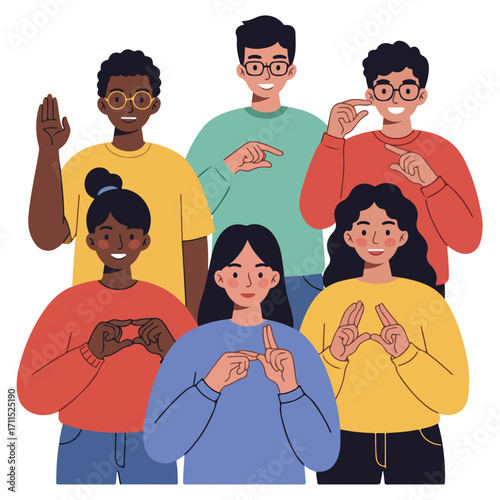 Six diverse people using sign language, flat vector illustration on white background