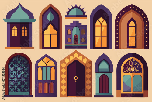 Unique collection of colorful doors from various architectural styles in a vibrant design