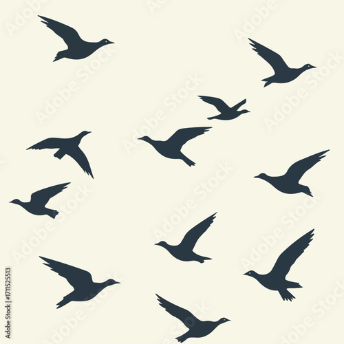 Silhouetted birds soar across a plain background, wings outstretched in various flight positions