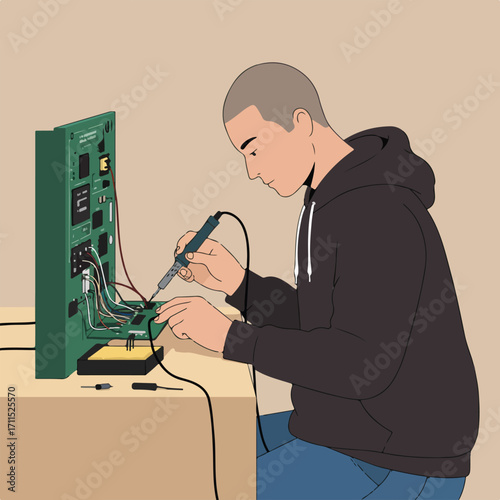 Man soldering electronic components on a PCB board, wearing a hoodie, on a tan-colored background