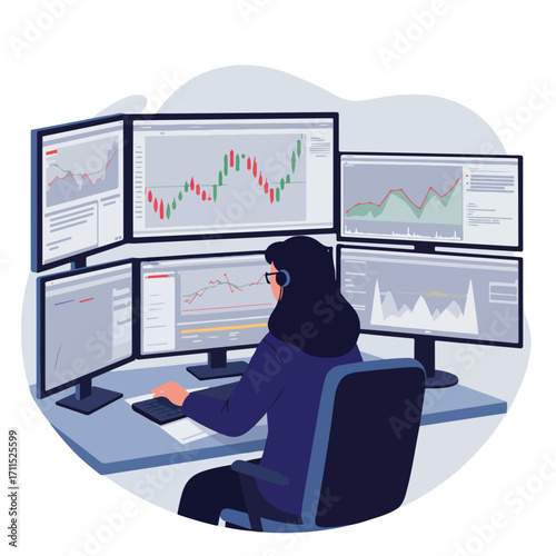 Person with headset views many graphs on multiple computer monitors, sitting at desk