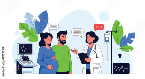 Adobe illustrator artwork vector illustration. A pregnant woman and her partner discuss with a female doctor in a clinic setting, surrounded by medical monitors and plants
