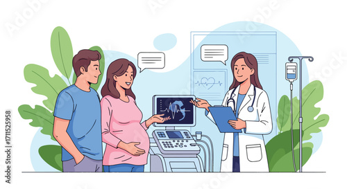 Adobe illustrator artwork vector illustration. A pregnant woman and her partner discuss with a female doctor in a clinic setting, surrounded by medical monitors and plants