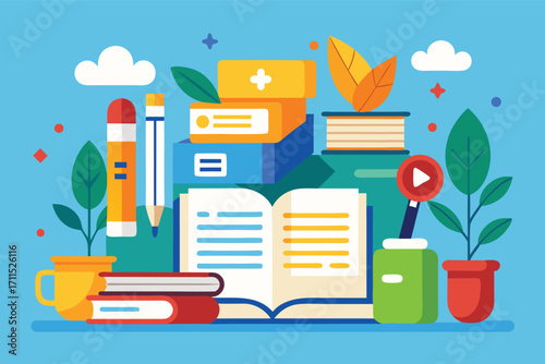 Colorful study scene with books, plants, and stationery on a blue background