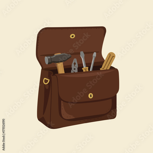 Illustrated brown leather satchel is open, containing tools, resting on a beige backdrop