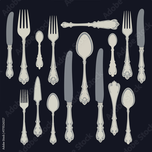 Decorative flatware assortment on a dark background with various spoon, fork and knife styles
