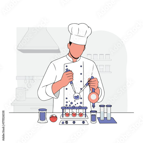 Chef conducts food science in a kitchen with beakers, pipettes, and test tubes