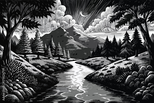 Scenic river flows through a valley surrounded by mountains and trees during twilight hours