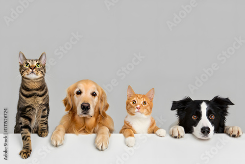 Cute pets wallpaper: Golden Retriever, Border Collie, tabby and ginger cat peeking over a white banner.