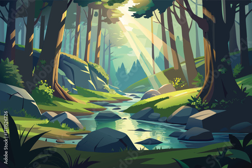 Sunlight filters through trees beside a peaceful stream in a forest during a serene afternoon