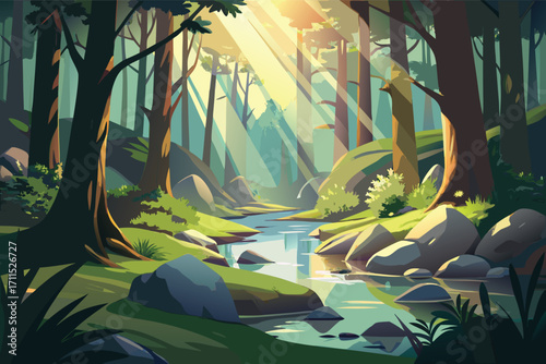 Sunlight filters through trees in a serene forest stream at dawn