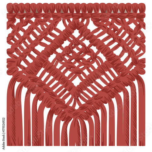 Macrame wall art pattern illustration featuring a knotted brown yarn arrangement on white