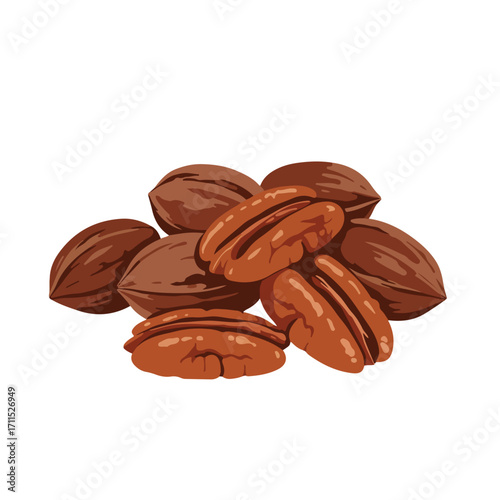 A pile of brown pecans, some with shells and some without on a white background