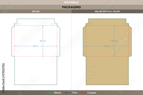 Custom envelope dieline for stationery packaging, editable carton template with folding structure, printable design layout, and detailed branding cut die line included