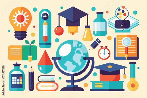 Educational resources and tools arranged creatively on a light background in a vibrant design for learning concepts