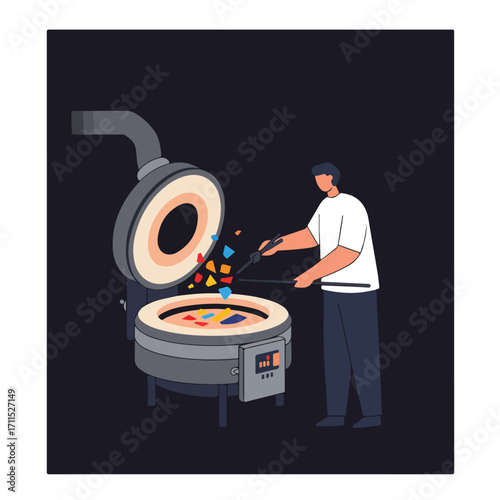 Flat vector image of a person adding colored glass to a kiln