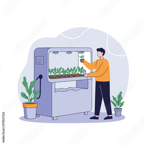 Man tending an indoor hydroponic garden with leafy plants in a controlled environment box