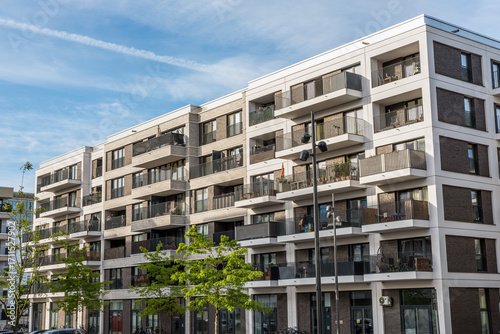 Modern gray multifamily apartment building seen in Berlin, Germany