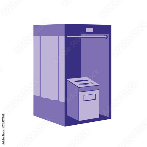 Simple purple dressing room, angled view, with curtains, machine and bar for hanging clothes