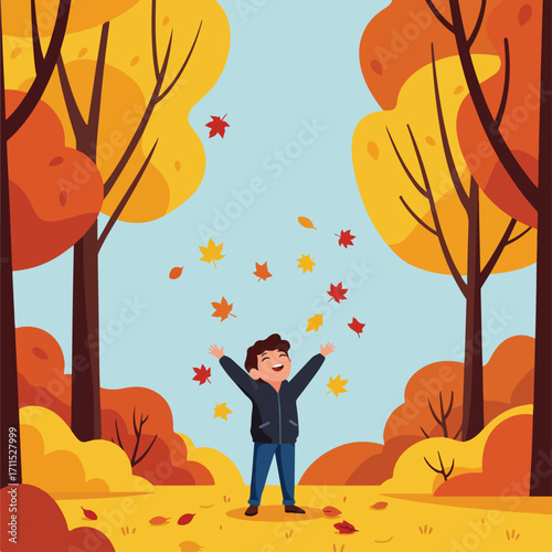 Child with arms outstretched in autumn; falling leaves, colorful trees and bushes surround him