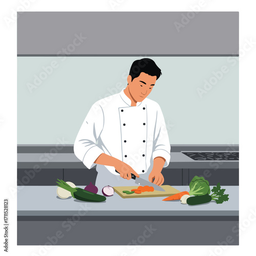 Chef in white uniform cuts carrots, zucchini and other vegetables on a cutting board