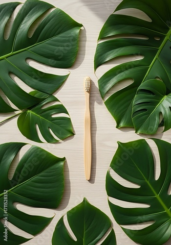 Zero waste lifestyle with bamboo toothbrush and monstera leaves backdrop