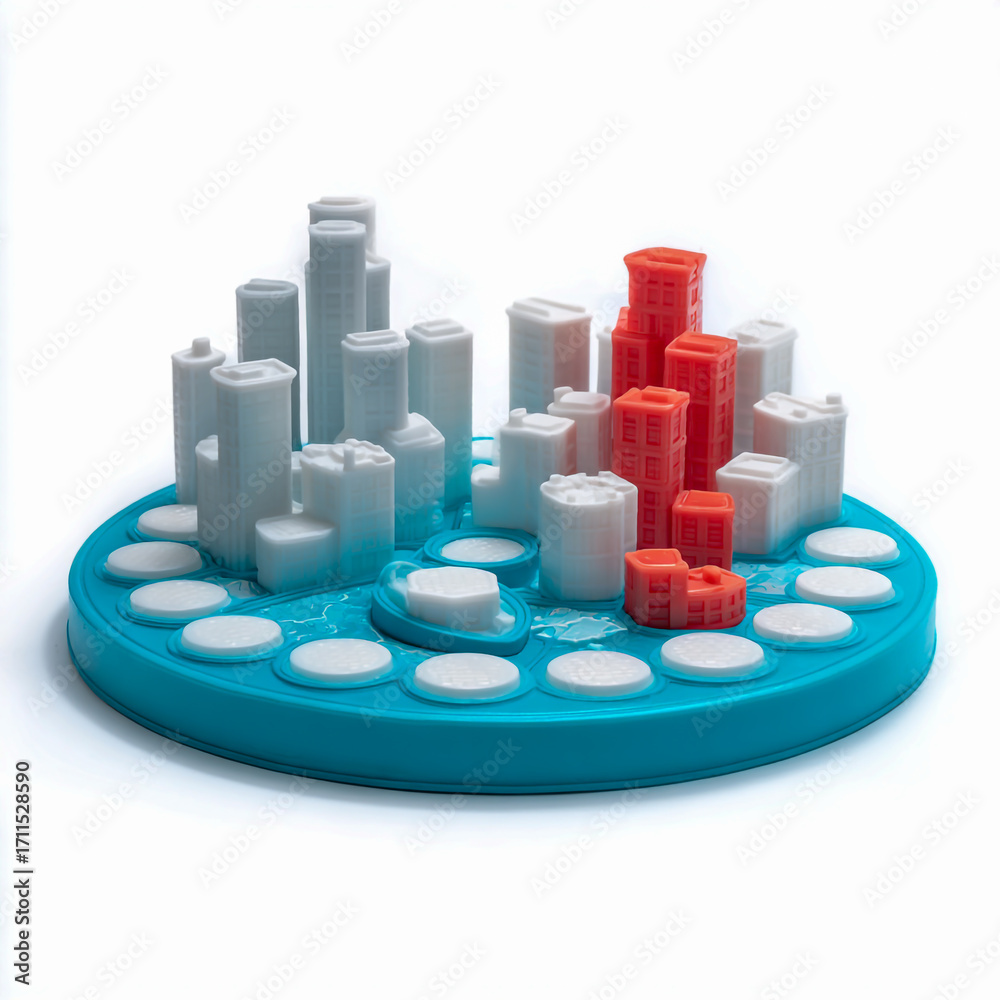 Obraz premium Abstract geometric game pieces representing a city skyline on a circular board