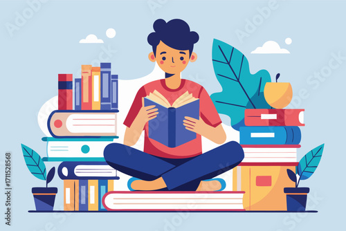 Young person enjoys reading a book while surrounded by colorful stacks of literature and plants in a cozy setting