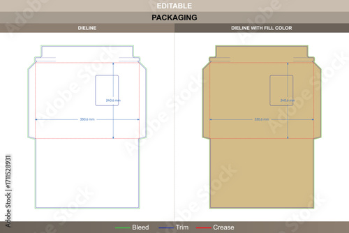 Envelope dieline in custom dimensions, editable carton packaging template for stationery design with folding mockup layout and professional branding die line included
