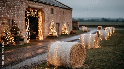 Rustic barn adorned with Christmas lights and hay bales