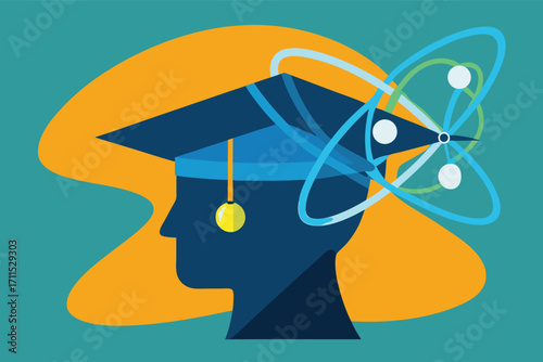 Graduation cap symbolizes learning and science with atomic model design in vibrant colors