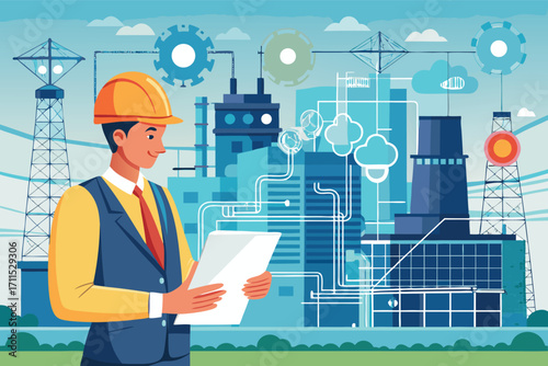 Engineer reviews energy systems design in a modern industrial setting with renewable technology integration
