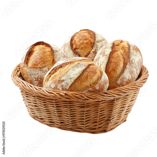 A basket full of freshly baked bread, showcasing the golden crust and soft interior, isolated on transparent background a delicious treat for any meal
