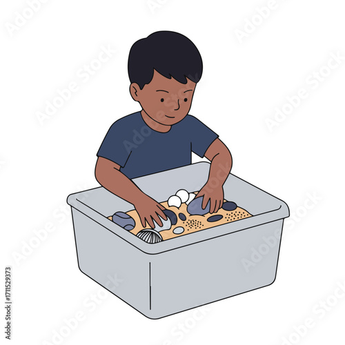 Boy plays in sensory bin with sand, rocks, shells, & seeds, isolated on white background