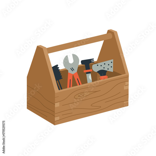 A wooden toolbox, filled with tools like wrench, hammer, axe and saw, isolated on white