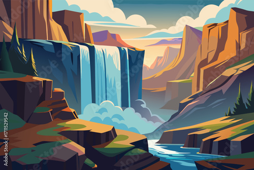 Majestic waterfall cascading through rocky mountains in a serene landscape at dusk