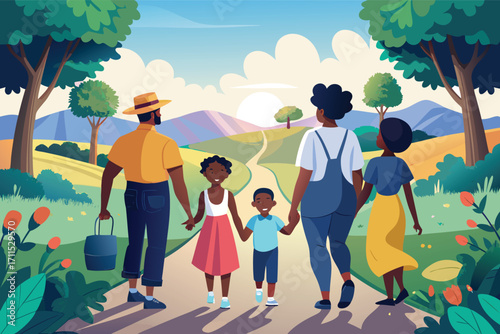 Family enjoys a walk in the countryside during a sunny afternoon in a beautiful scenic landscape